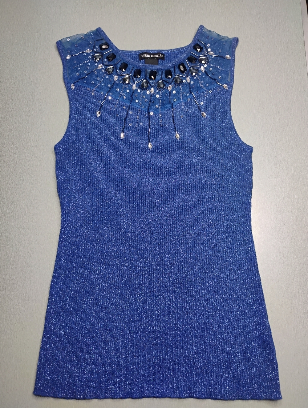 Lauren Michelle Blue Embellished Knit Tank Top
